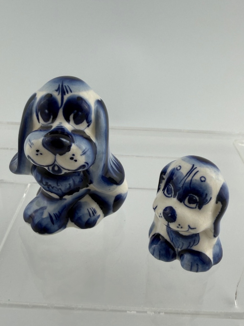 Vintage Russian Gzhel Handmade BLUE & WHITE Porcelain Dog Figurines Set of 2